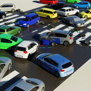 A group of cars at an intersection after a minor automobile accident.