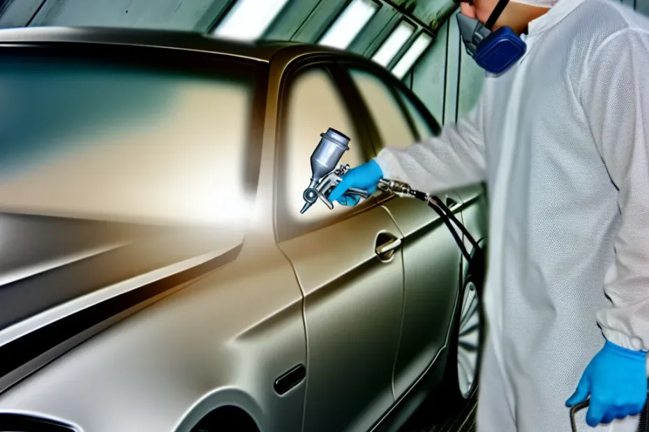 An auto body technician painting a mercedes benz sedan inside a paint booth.