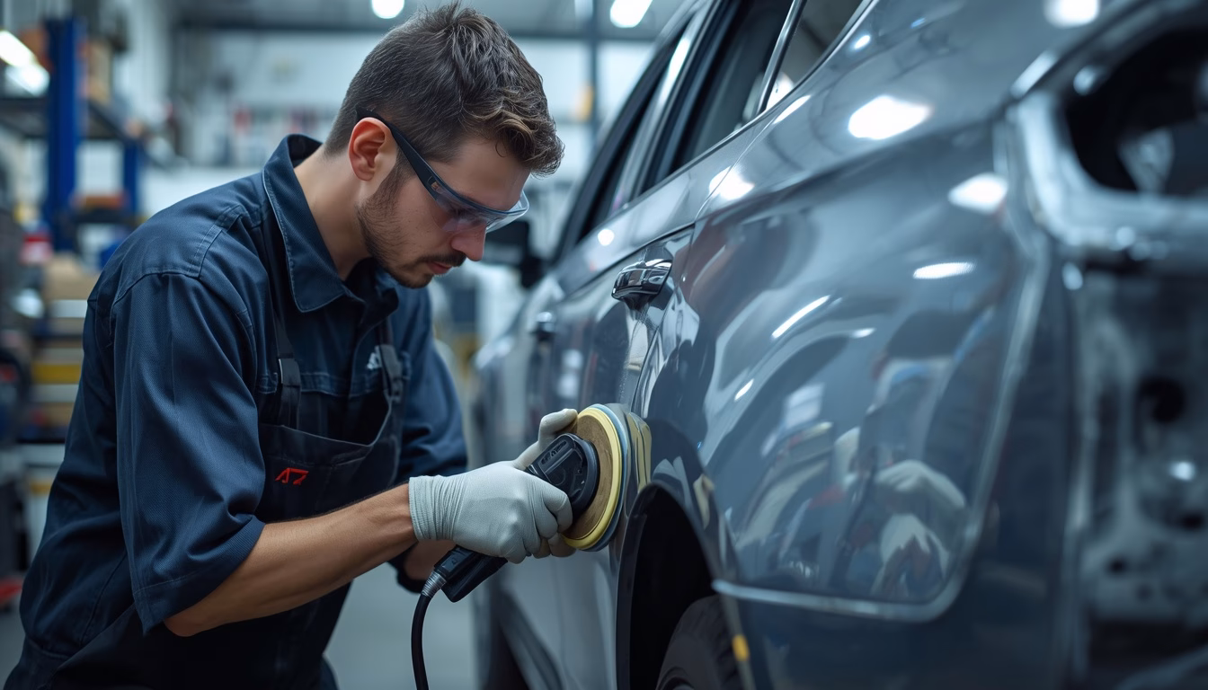 Auto body technician applying body filler to a vehicle panel during traditional collision repair at a Medford Oregon body shop.