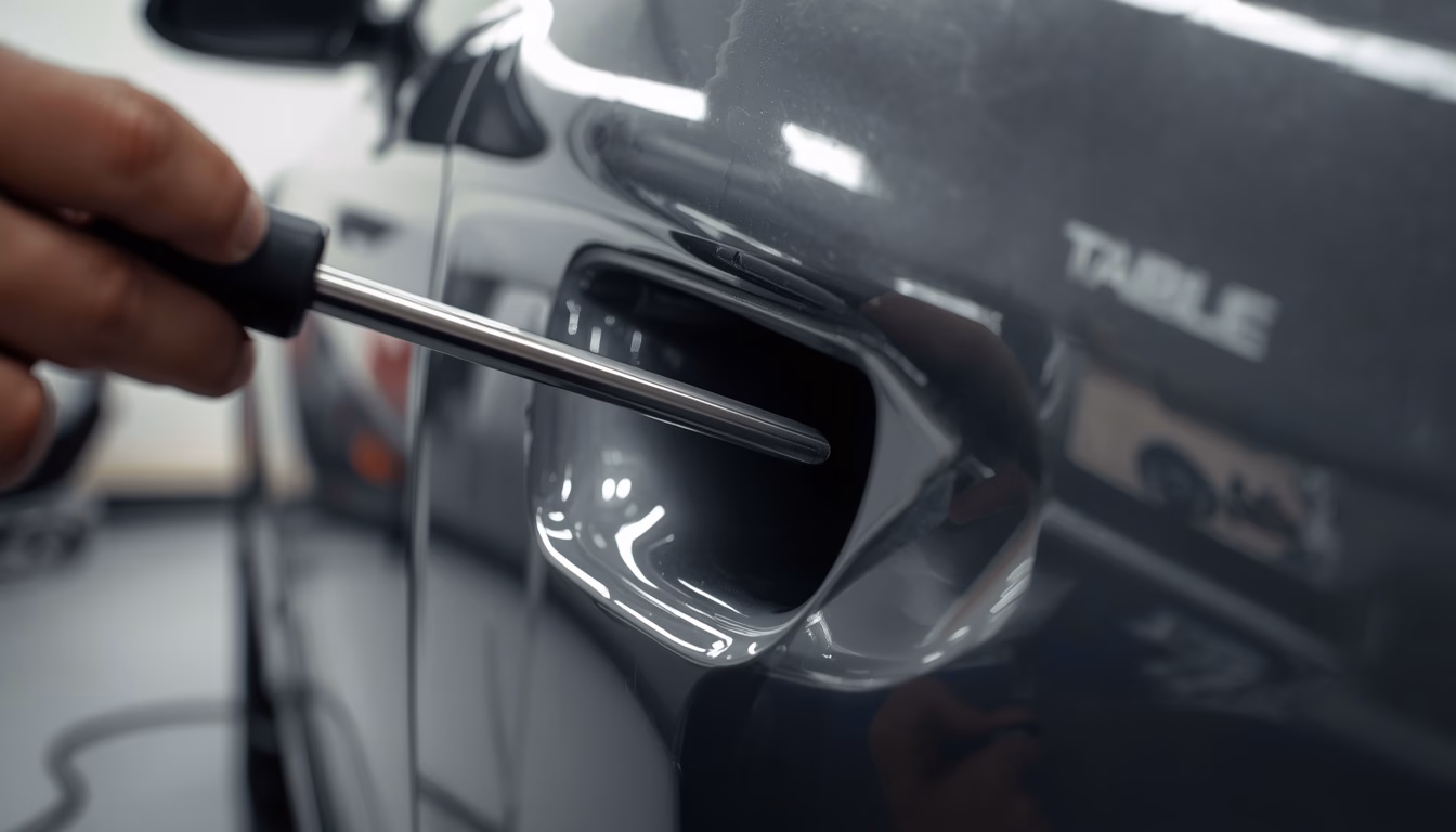 Paintless dent repair technician using metal rods to massage a dent from behind a vehicle door panel without disturbing the factory paint finish.