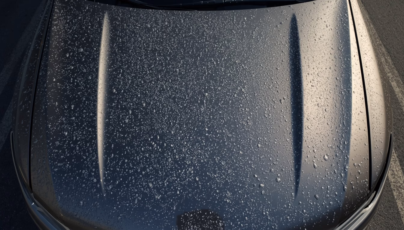 Vehicle hood with multiple small round hail dents, a common candidate for paintless dent repair in Southern Oregon.
